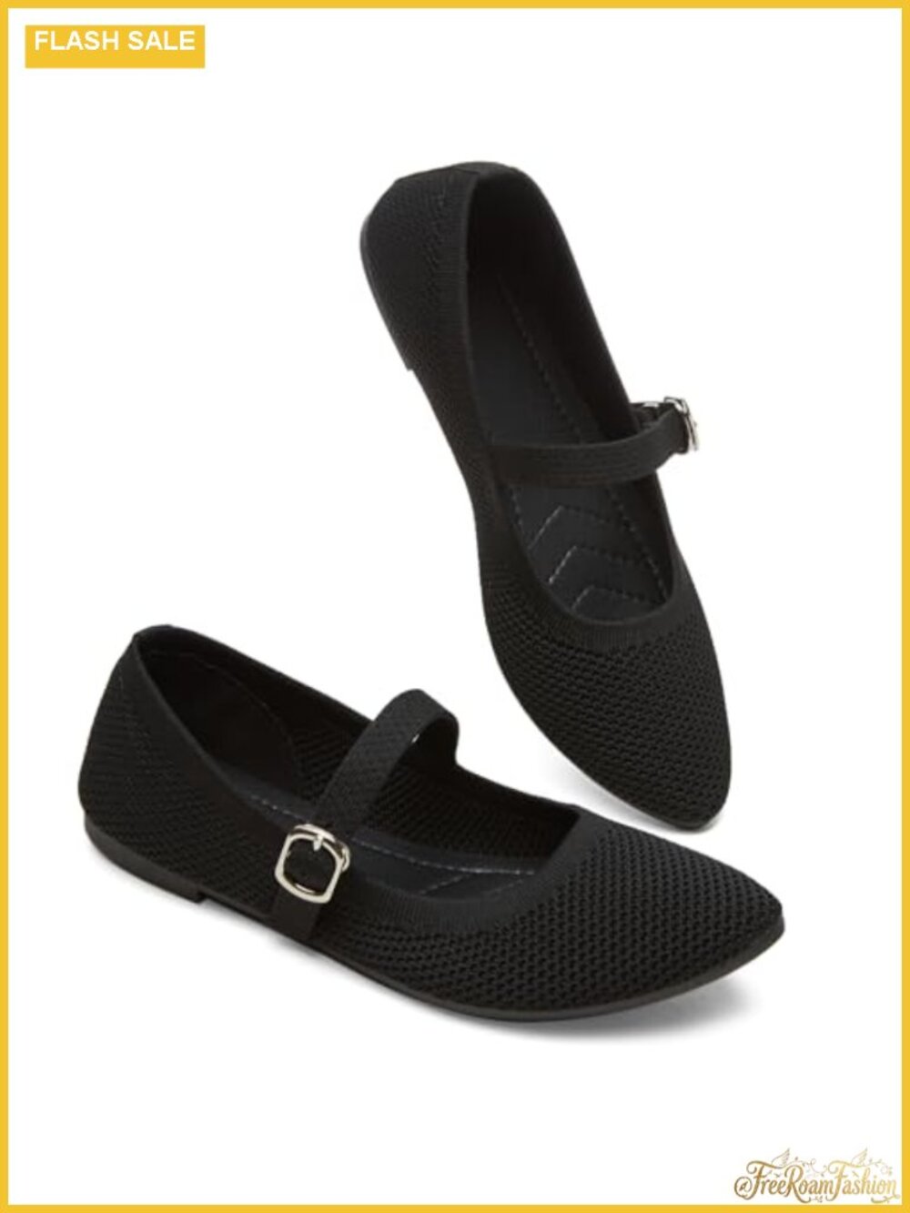Knit Mary Jane Flats Memory Foam Buckle Strap Pointed Toe Dress Shoes